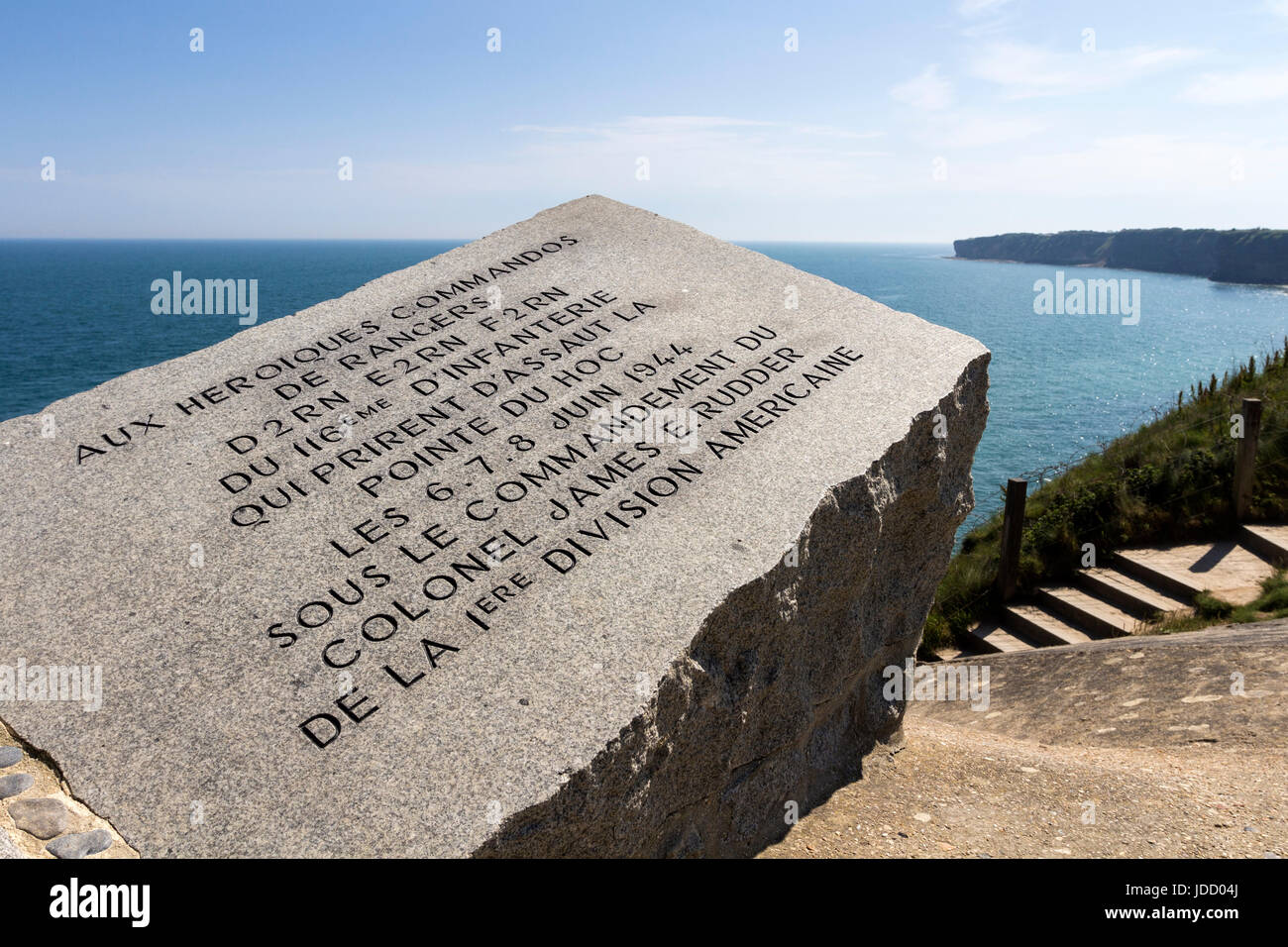 Inscription and the View Along the Cliffs From the Ranger Memorial on the Pointe Du Hoc, Normandy, France Stock Photo