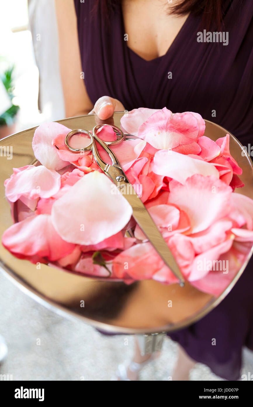 a tray with scissor and petals to ribbon cutting Stock Photo