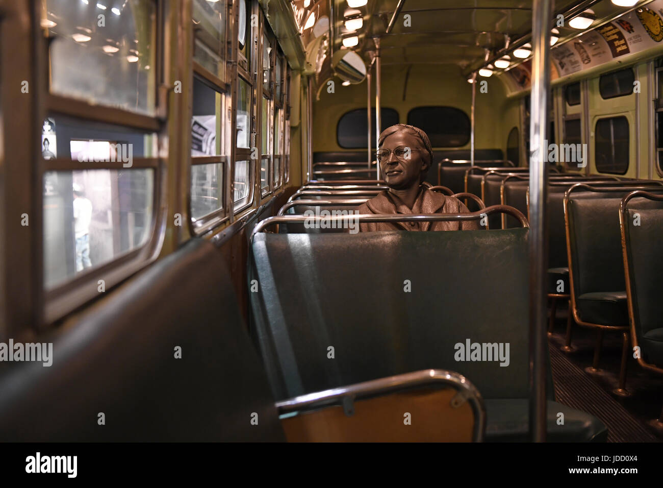 Memphis, TN, USA - June 9, 2017: Sculpture of Rosa Parks inside bus at the National Civil Rights Museum and the site of the Assassination of Dr. Marti Stock Photo