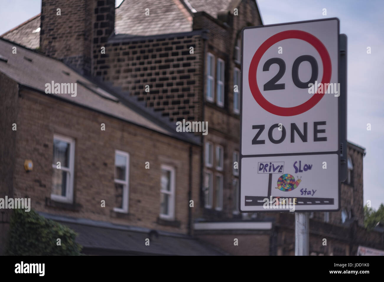 Twenty (20) miles per hour zone speed limit sign in Guiseley near Leeds, West Yorkshire Stock Photo