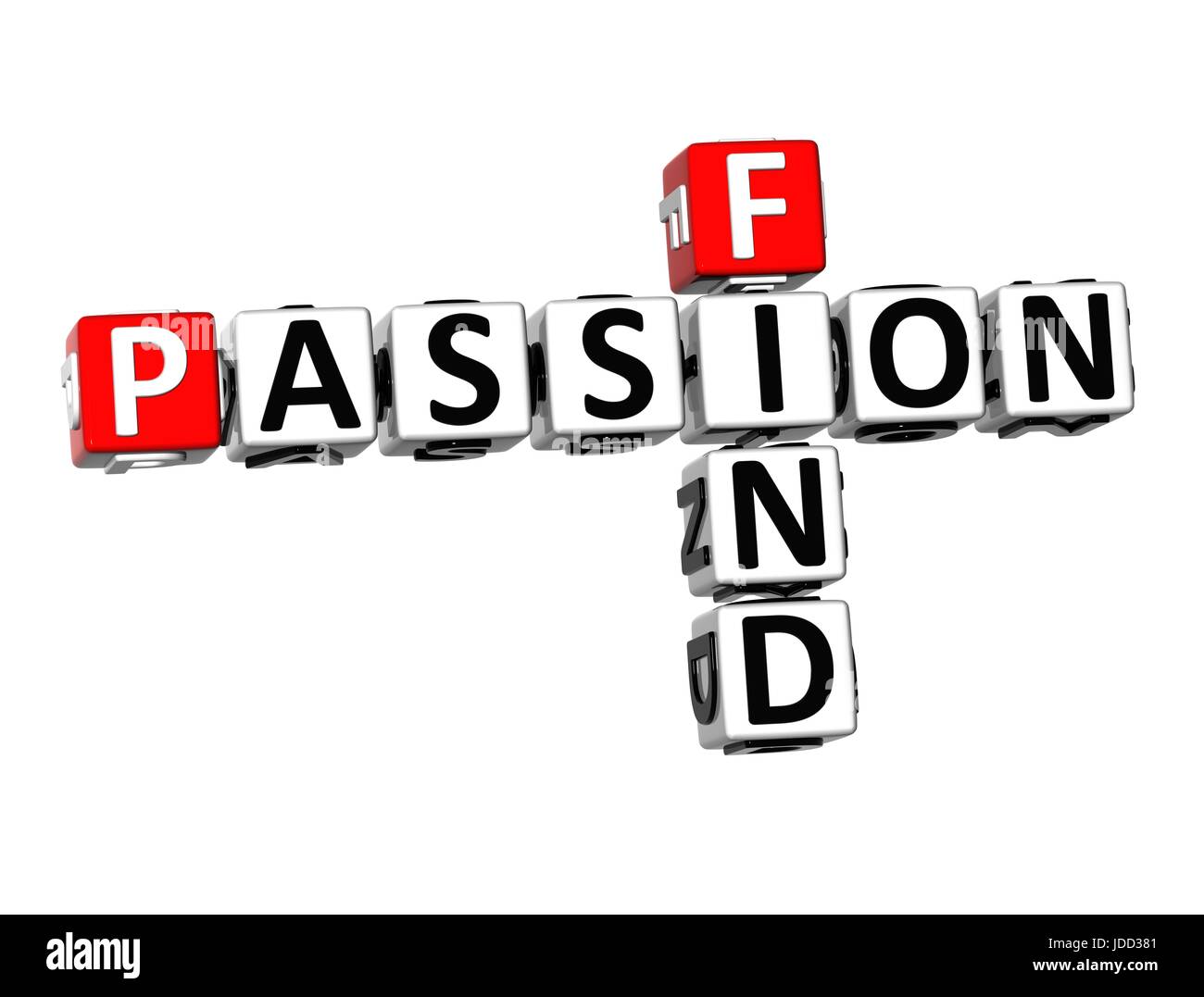 3D Crossword Finf Passion on white background Stock Photo
