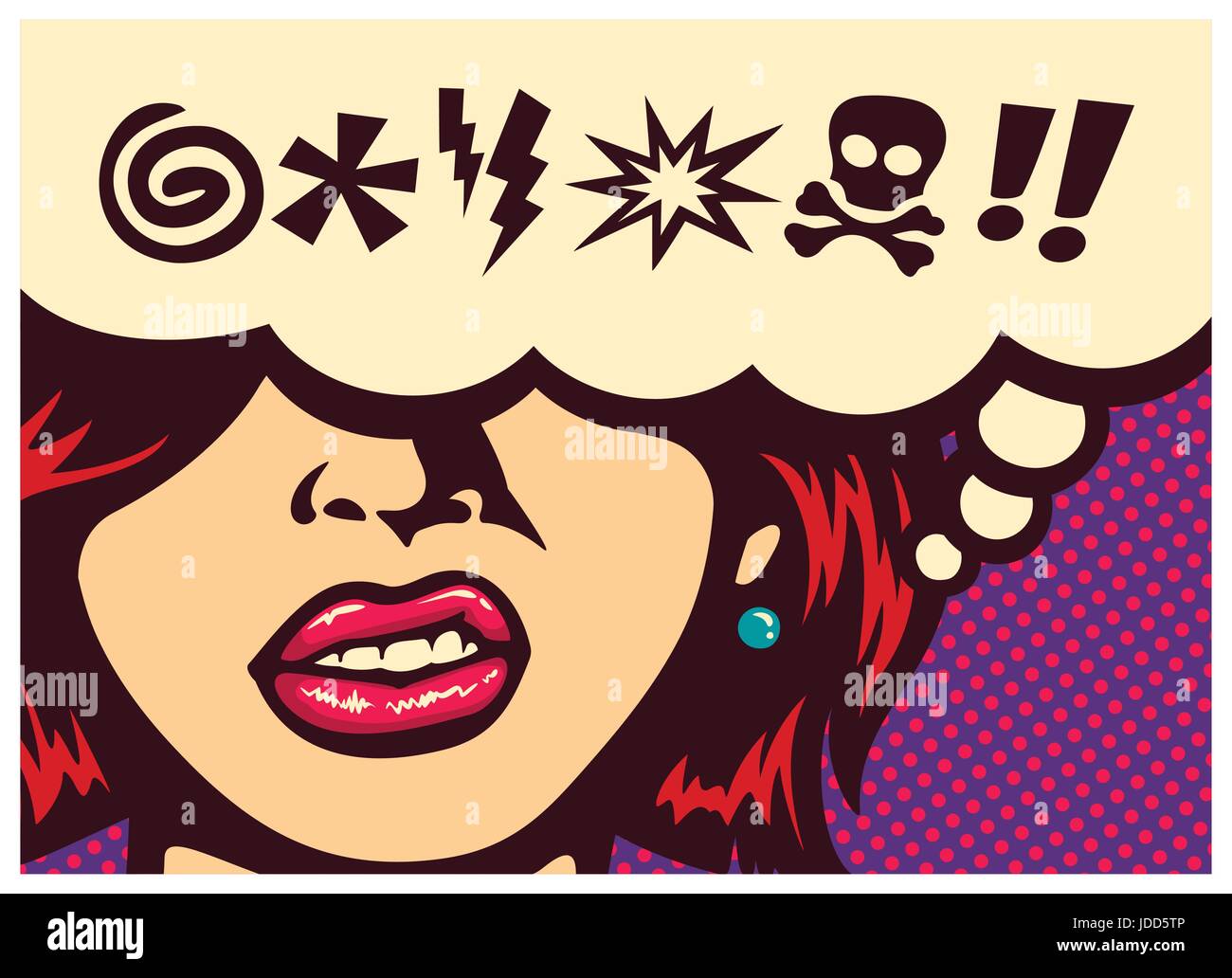 Pop art style comics panel angry woman grinding teeth with speech bubble and swear words symbols vector poster design illustration Stock Vector