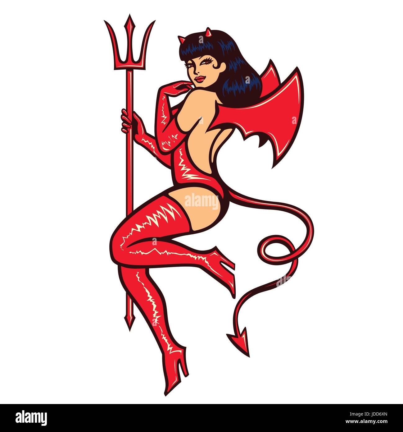 Sexy vintage pinup she devil girl temptress in erotic red latex demon outfit with trident vector illustration Stock Vector