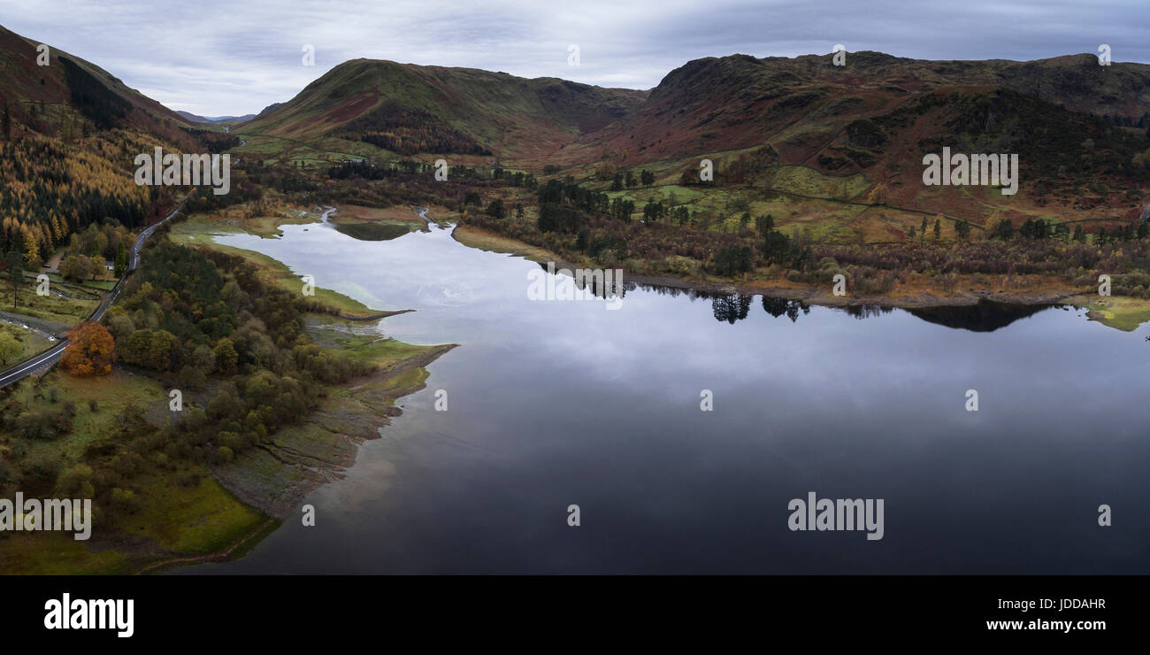 Aerial view by drone of Thirlmere, looking south towards Dunmail Raise and Grasmere Stock Photo