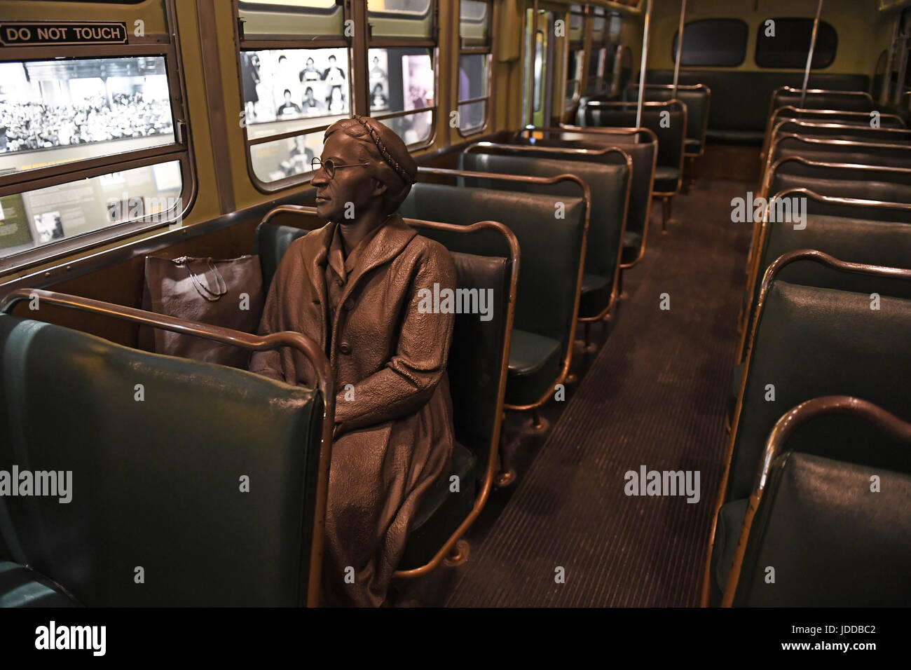 Memphis, TN, USA - June 9, 2017: Sculpture of Rosa Parks inside bus at the National Civil Rights Museum and the site of the Assassination of Dr. Marti Stock Photo