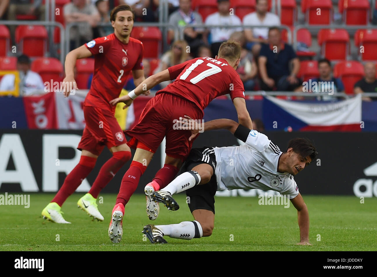 Tychy, Poland. 18th June, 2017. L-R Stefan Simic and Vaclav Cerny (both CZE) and Mahmoud Dahoud (GER) in action during the Czech Republic vs Germany match of under-21 European championship 2017, Tychy, Poland, June 18, 2017. Credit: Jaroslav Ozana/CTK Photo/Alamy Live News Stock Photo