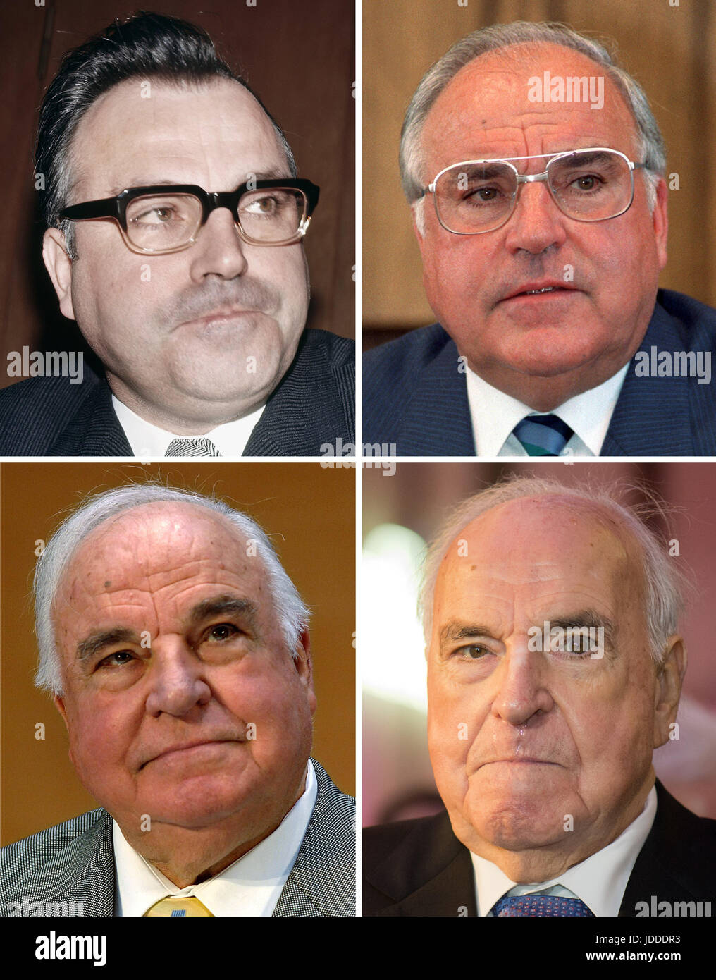 ARCHIVE - A combo of archive images shows the former German chancellor Helmut Kohl on (L-R, clockwise) the 07.03.1970, the 22.08.1989, the 05.11.2005 and the 19.12.2014. Kohl was the premier of the state of Rhineland Palatinate between 1969 and 1976 and chancellor of West Germany and then reunited Germany between 1982 and 1998. He was the head of the CDU between 1973 and 1998. Photo: dpa Stock Photo