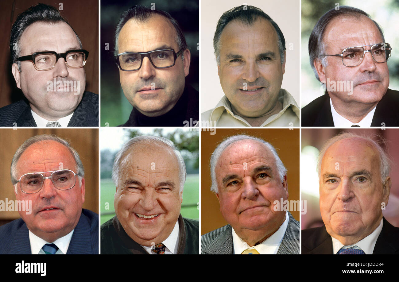 ARCHIVE - A combo of archive images shows the former German chancellor Helmut Kohl on (L-R, top) the 07.03.1970, in July 1974, in July 1977, in October 1982 and (L-R, bottom) on the 22.08.1989, the 04.08.1998, the 05.11.2005 and the 19.12.2014. Kohl was the premier of the state of Rhineland Palatinate between 1969 and 1976 and chancellor of West Germany and then reunited Germany between 1982 and 1998. He was the head of the CDU between 1973 and 1998. Photo: dpa/zb-Archiv/dpa-Zentralbild/dpa Stock Photo