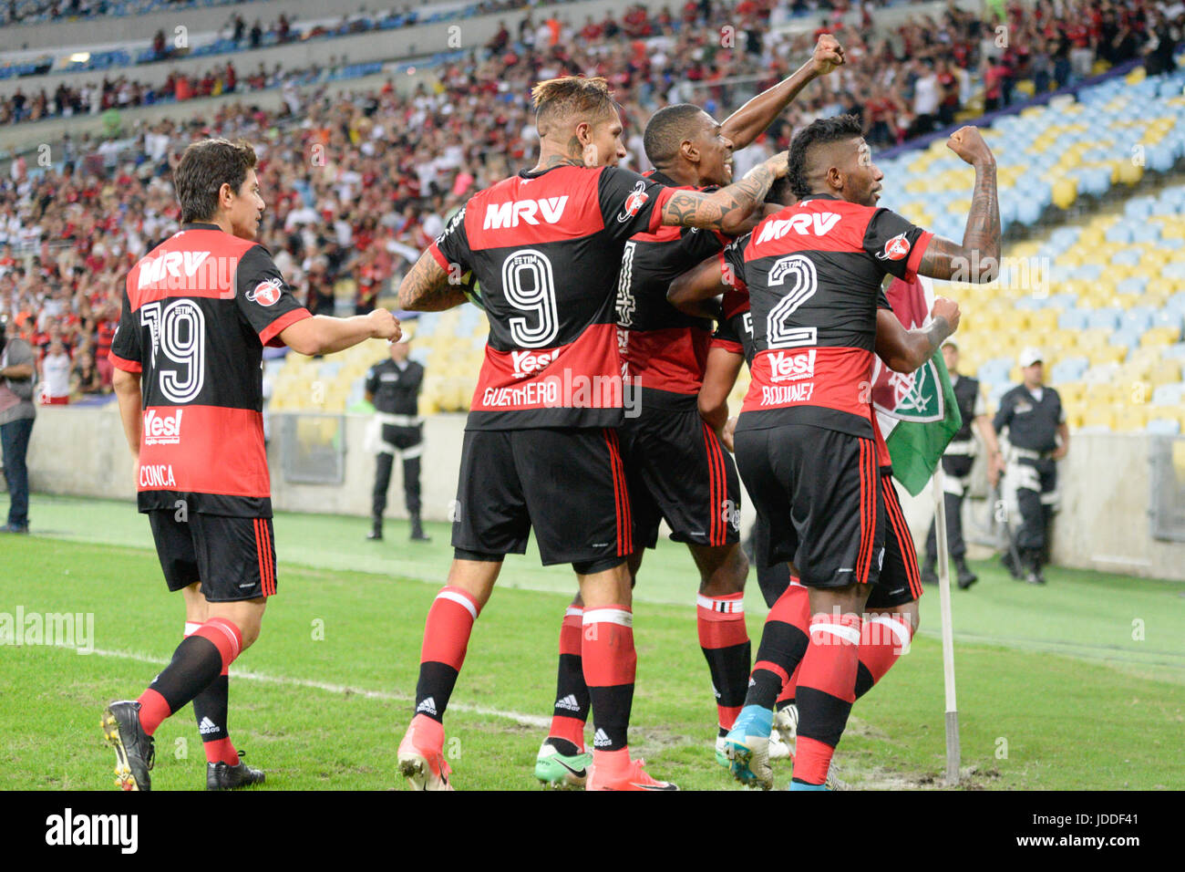 Trauco, Flamengo player celebrates goal during match against Fluminense in a game valid for the eighth round of the Brazilian Campenato at the Maracanã stadium in Rio de Janeiro, on Sunday, 18. (PHOTO: CLEVER FELIX/BRAZIL PHOTO PRESS) Stock Photo