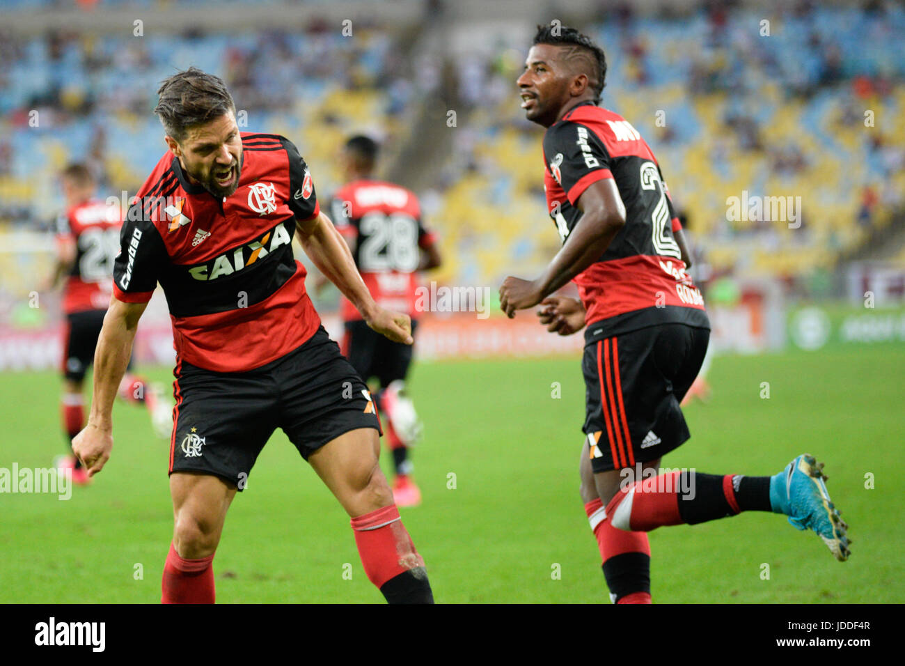 Diego, Flamengo player celebrates goal during match against Fluminense in a game valid for the eighth round of the Brazilian Campenato at the Maracanã stadium in Rio de Janeiro, on Sunday, 18. (PHOTO: CLEVER FELIX/BRAZIL PHOTO PRESS) Stock Photo