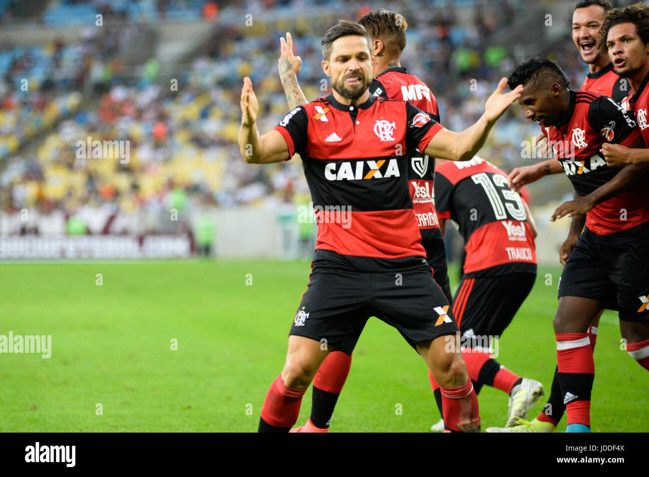 Diego, Flamengo player celebrates goal during match against Fluminense in a game valid for the eighth round of the Brazilian Campenato at the Maracanã stadium in Rio de Janeiro, on Sunday, 18. (PHOTO: CLEVER FELIX/BRAZIL PHOTO PRESS) Stock Photo