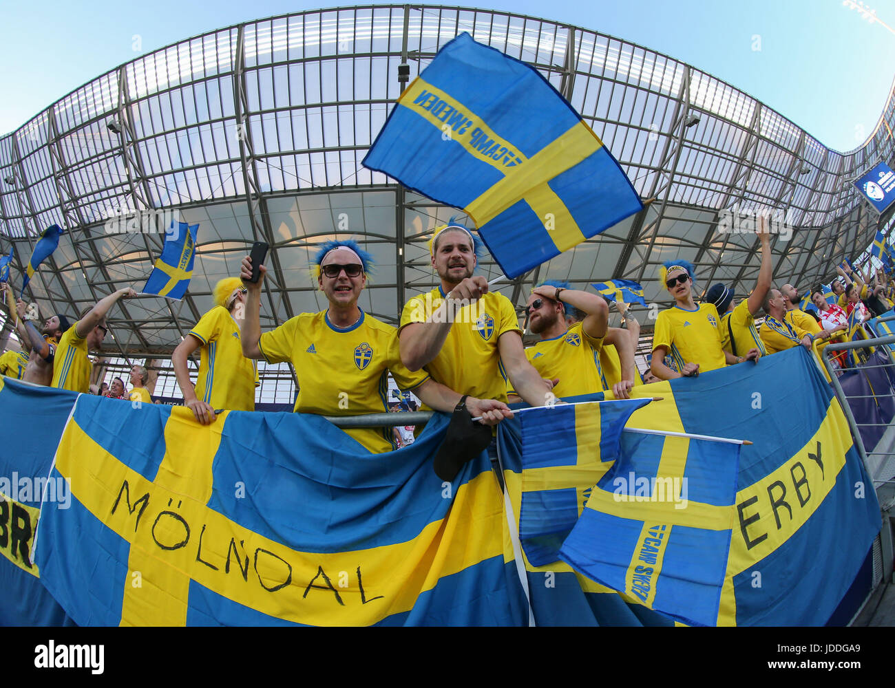 19.06.2017, Lublin, Poland; UEFA U-21 European football championships, Poland versus Sweden; Swedish fans show their support Stock Photo