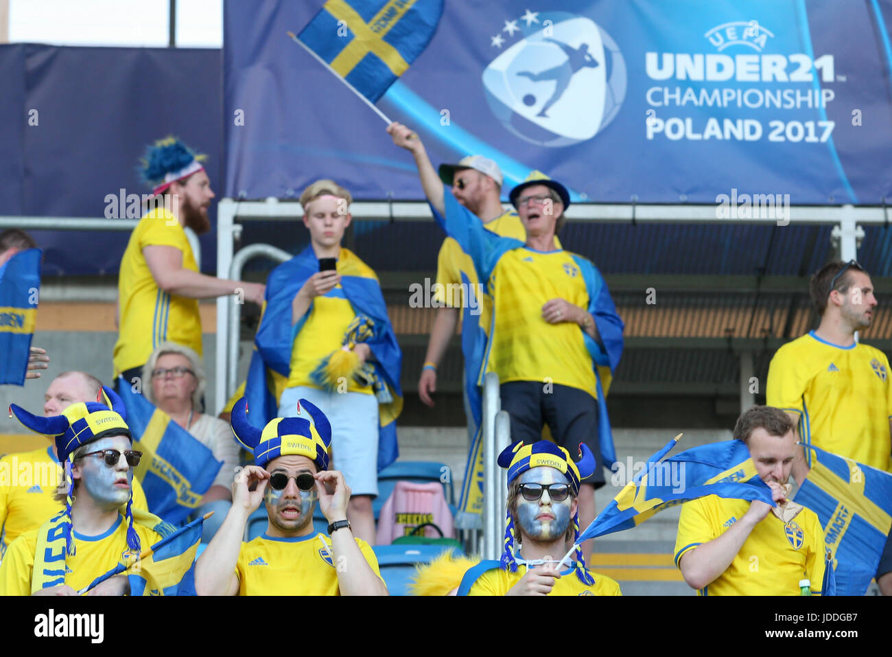 19.06.2017, Lublin, Poland; UEFA U-21 European football championships, Poland versus Sweden; Swedish fans get vocal in stands Stock Photo