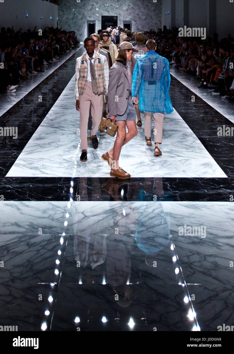 Milan, Italy. 19th June, 2017. Models walk the runway for Fendi during Milan Men's Fashion Week Spring/Summer 2018 in Milan, Italy, on June 19, 2017. Credit: Jin Yu/Xinhua/Alamy Live News Stock Photo