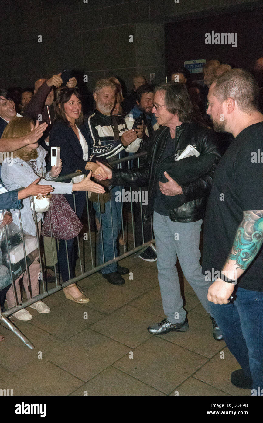 Glasgow, Scotland, UK. 19th June, 2017. Veteran US singer-songwriter, Jackson Browne, stops to greet fans outside the Glasgow Royal Concert Hall, before boarding his tour bus. He had earlier given a sold-out performance at the venue. Iain McGuinness / Alamy Live News Stock Photo