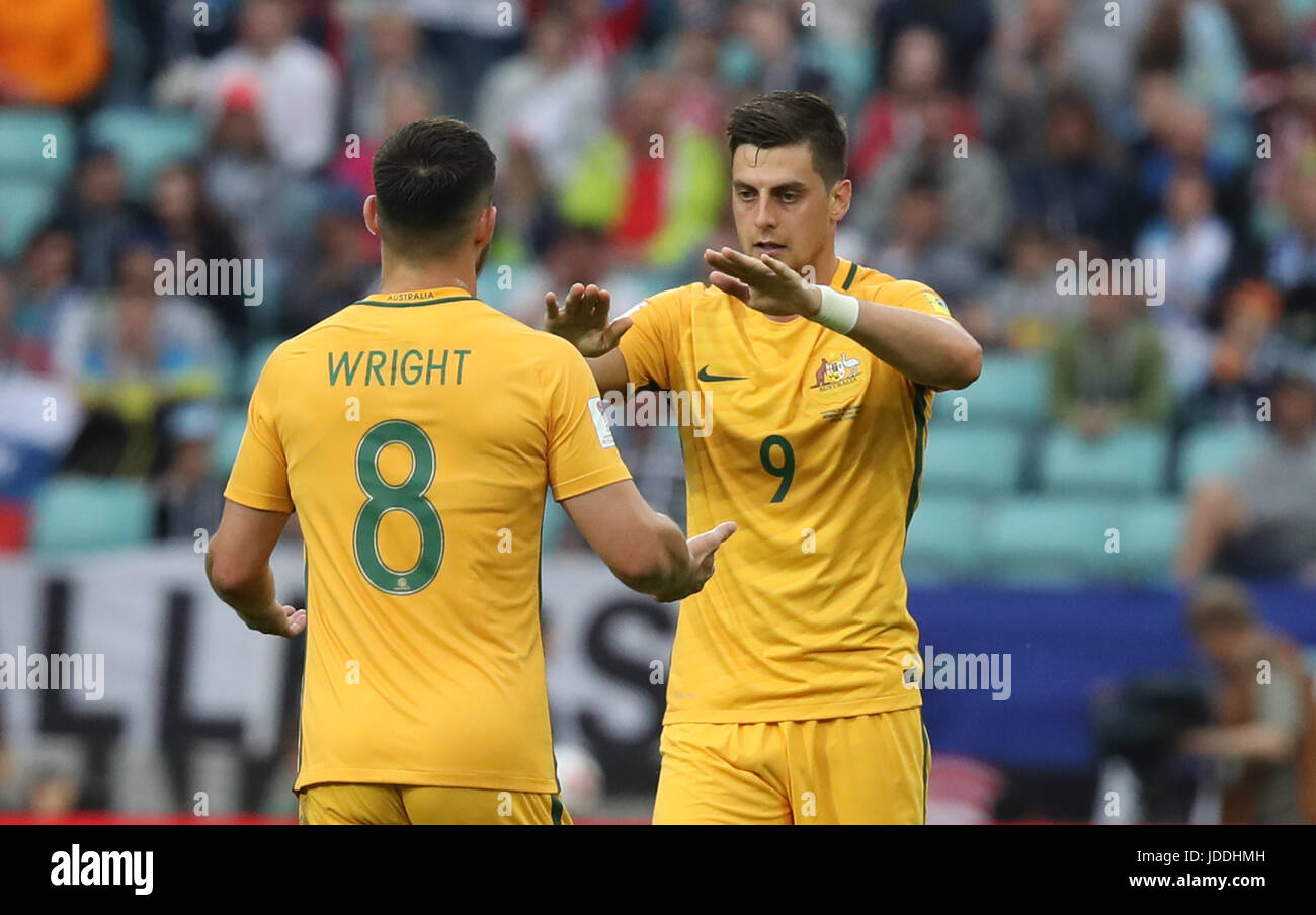 Sochi, Russia. 19th June, 2017. Tomi Juric (R) of Australia celebrates after scoring during the group B match between Australia and Germany of the 2017 FIFA Confederations Cup in Sochi, Russia, on June 19, 2017. Germany won 3-2. Credit: Xu Zijian/Xinhua/Alamy Live News Stock Photo