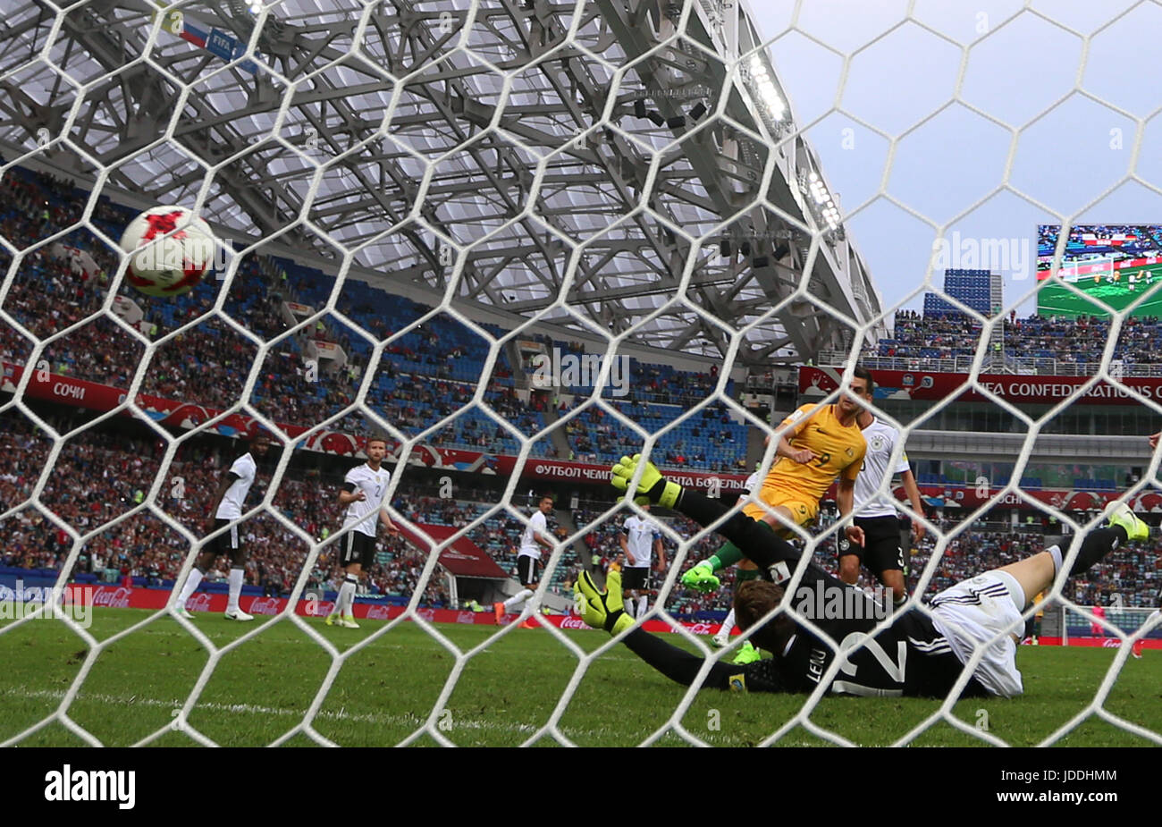 Sochi, Russia. 19th June, 2017. Tomi Juric (9) of Australia scores during the group B match between Australia and Germany of the 2017 FIFA Confederations Cup in Sochi, Russia, on June 19, 2017. Germany won 3-2. Credit: Xu Zijian/Xinhua/Alamy Live News Stock Photo