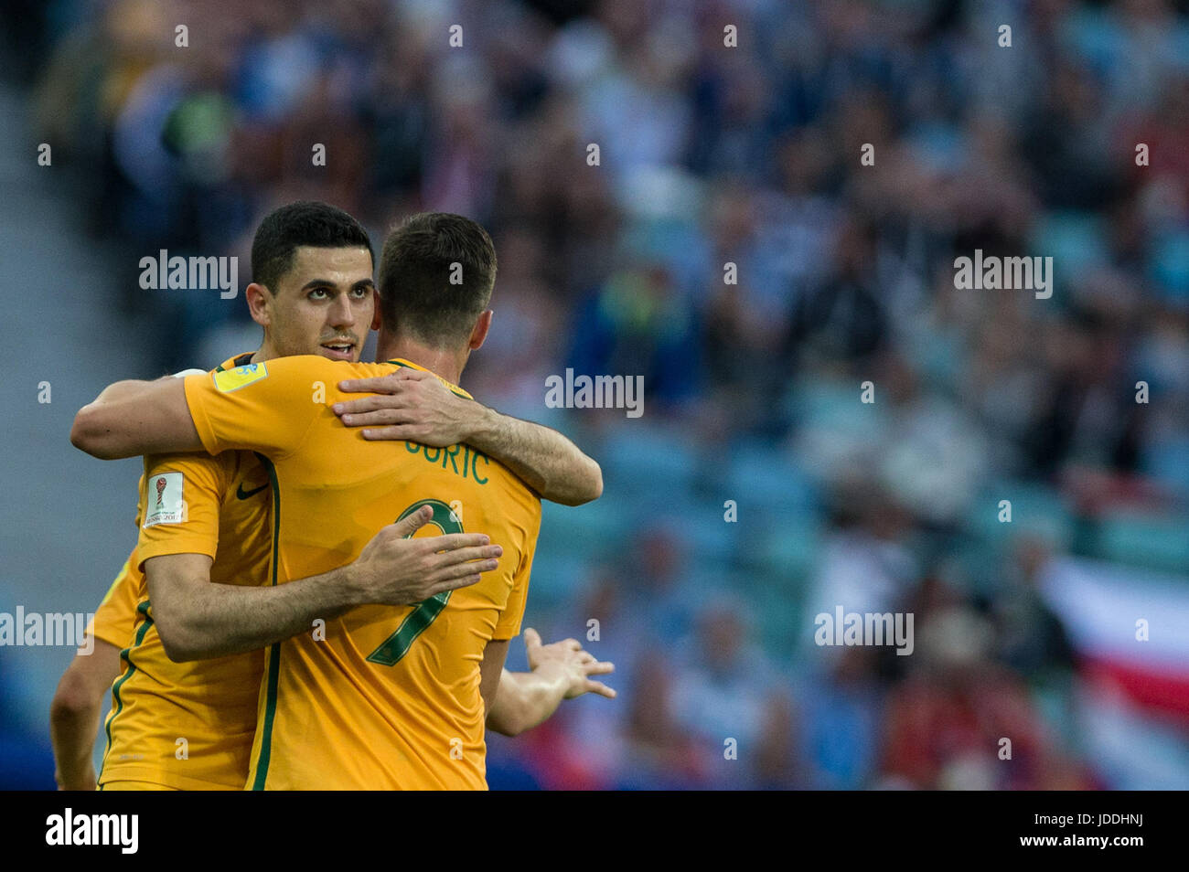 Sochi, Russia. 19th June, 2017. Tommy Rogic (L) of Australia celebrates after scoring with teammate Tomi Juric during the group B match between Australia and Germany of the 2017 FIFA Confederations Cup in Sochi, Russia, on June 19, 2017. Germany won 3-2. Credit: Wu Zhuang/Xinhua/Alamy Live News Stock Photo