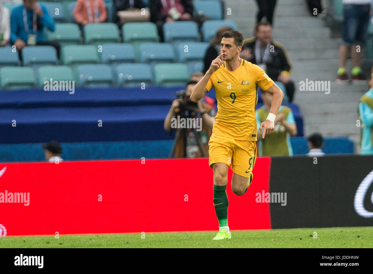 Sochi, Russia. 19th June, 2017. Tomi Juric of Australia celebrates after scoring during the group B match between Australia and Germany of the 2017 FIFA Confederations Cup in Sochi, Russia, on June 19, 2017. Germany won 3-2. Credit: Wu Zhuang/Xinhua/Alamy Live News Stock Photo