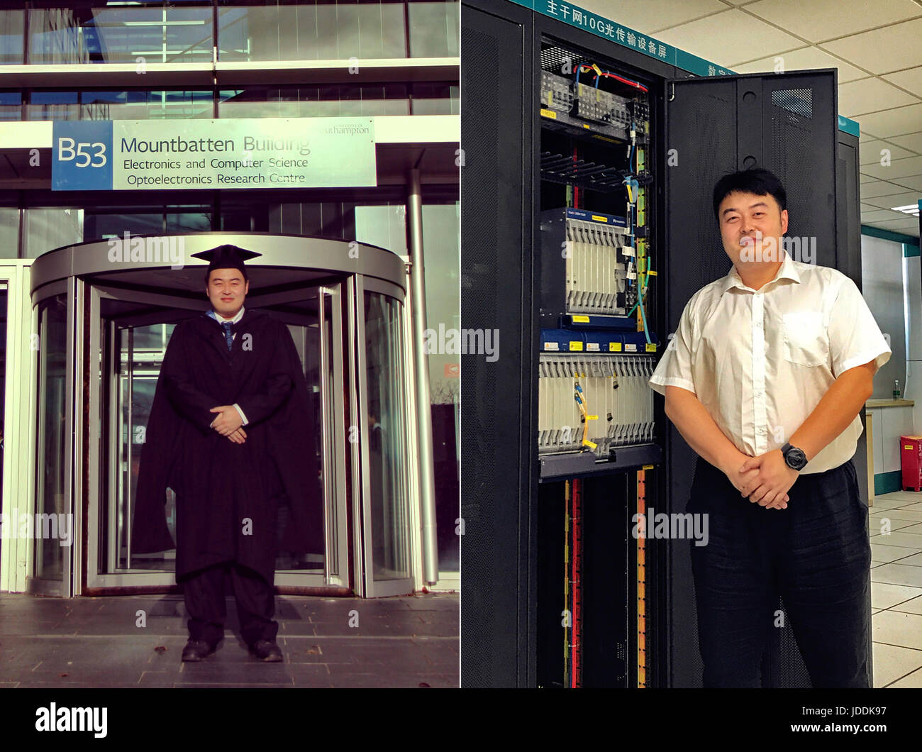Taiyuan, China's Shanxi Province. 16th June, 2017. Combo photo shows the graduation picture of Lin Yipeng in 2013 (L) and Lin posing at the training center of a company in Taiyuan, capital of north China's Shanxi Province, June 16, 2017. After graduation with a master degree from the University of Southampton in Britain in 2013, Lin worked as a professional trainer at a local company in Taiyuan. Many Chinese college graduates will leave campus and start their careers this summer. Credit: Cao Yang/Xinhua/Alamy Live News Stock Photo