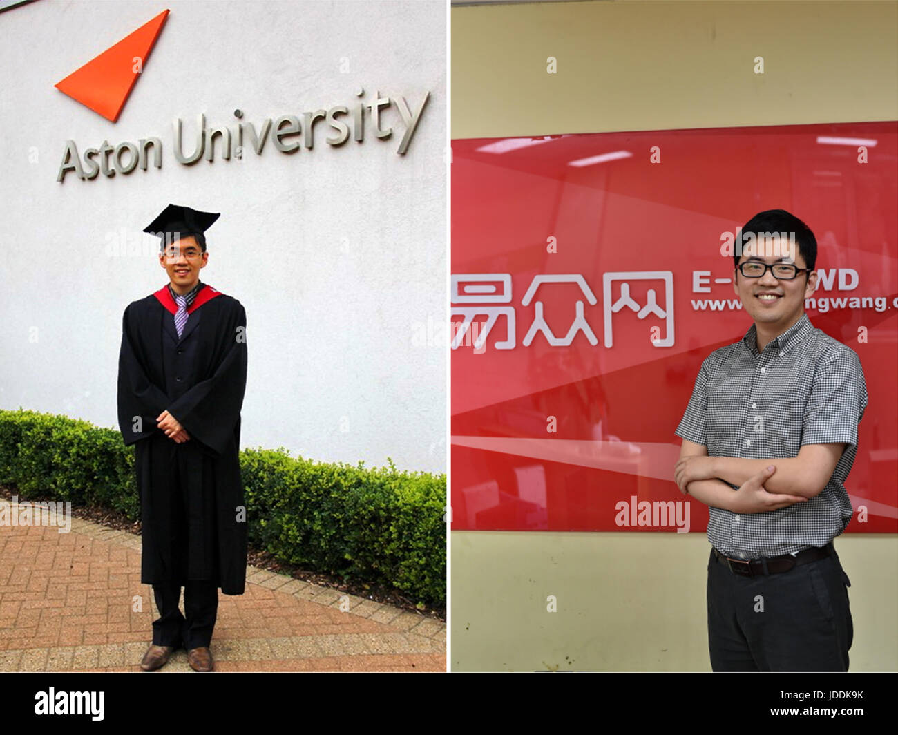 Taiyuan, China's Shanxi Province. 8th June, 2017. Combo photo shows the graduation picture of Li Wei in 2010 (L) and Li posing at his own company in Taiyuan, capital of north China's Shanxi Province, June 8, 2017. After graduation with a master degree from the Aston University in Britain in 2010, Li opened an online house rental company in his hometown of Taiyuan. Many Chinese college graduates will leave campus and start their careers this summer. Credit: Cao Yang/Xinhua/Alamy Live News Stock Photo