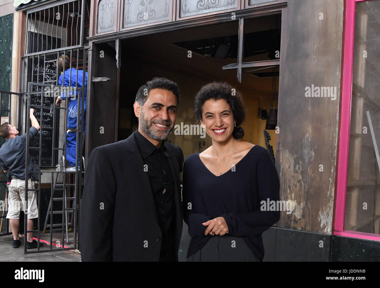 Cologne, Germany. 19th June, 2017. Actors Ali Daeem (Ahmed) and Zahraa Ghandour (Amal Jerjis) pose during a photo call at the shooting of the movie 'Baghdad in my shadow' on set in Cologne, Germany, 19 June 2017. The German-Swiss-British co-production is said to hit cinemas in the summer of 2018. - NO WIRE SERVICE - Photo: Horst Galuschka/dpa/Alamy Live News Stock Photo