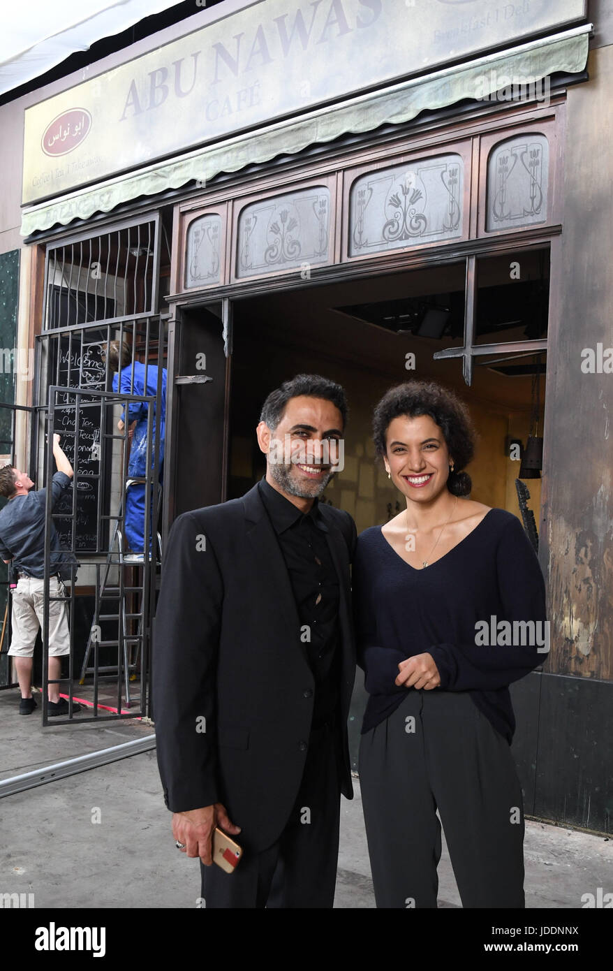 Cologne, Germany. 19th June, 2017. Actors Ali Daeem (Ahmed) and Zahraa Ghandour (Amal Jerjis) pose during a photo call at the shooting of the movie 'Baghdad in my shadow' on set in Cologne, Germany, 19 June 2017. The German-Swiss-British co-production is said to hit cinemas in the summer of 2018. - NO WIRE SERVICE - Photo: Horst Galuschka/dpa/Alamy Live News Stock Photo