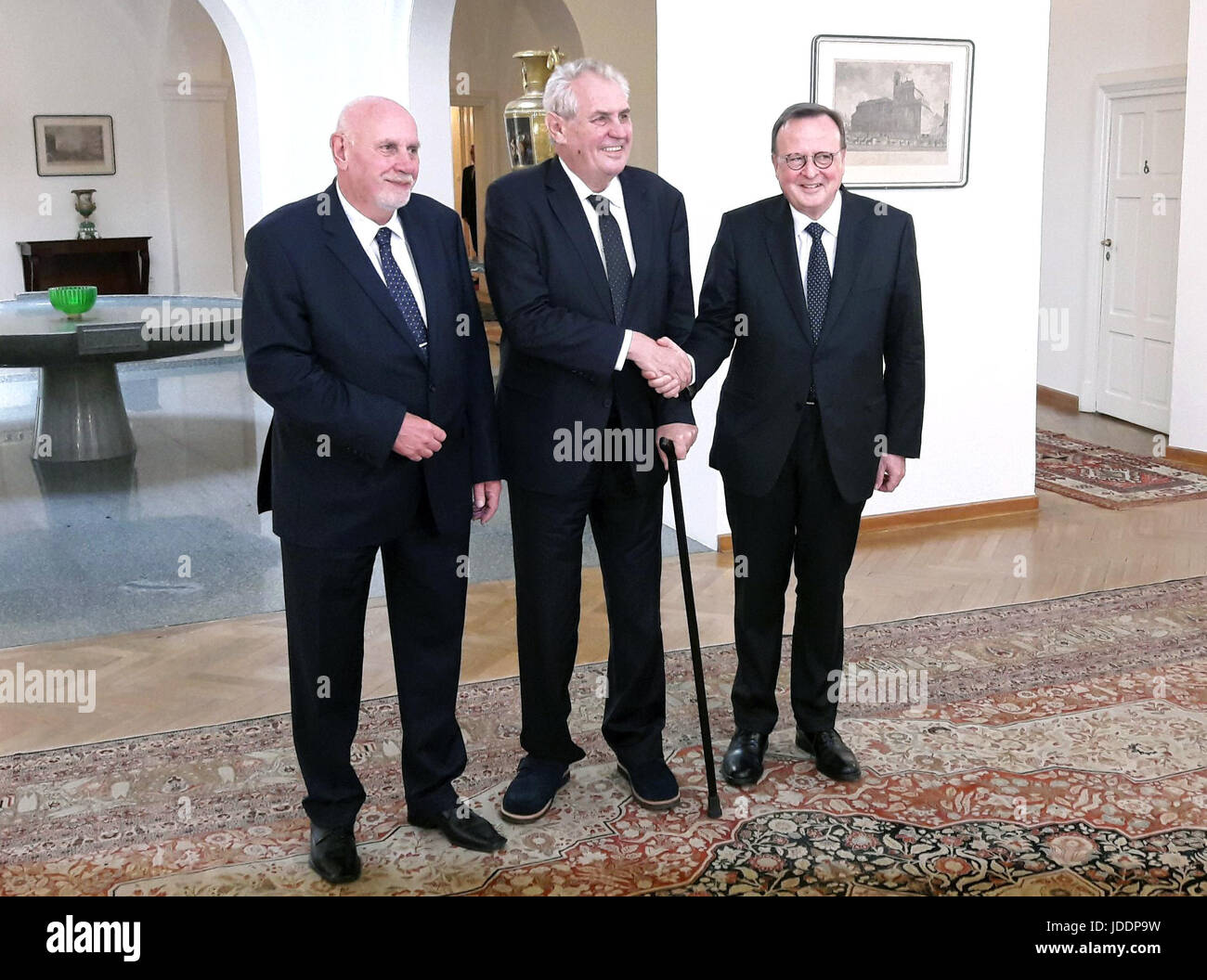 Czech President Milos Zeman, centre, meets EHRC President Guido Raimondi, right, and Czech Constitutional Court (US) chairman Pavel Rychetsky, left, at Prague Castle, Czech Republic, on Monday, June 19, 2017. The level of human rights observance in the Czech Republic and respect for the European Human Rights Court's (EHRC) judgements were praised by Council of Europe Secretary-General Thorbjorn Jagland and EHRC President Guido Raimondi today. They both are attending a specialist conference on the binding character of courts' decisions. Czech Constitutional Court (US) chairman Pavel Rychetsky Stock Photo