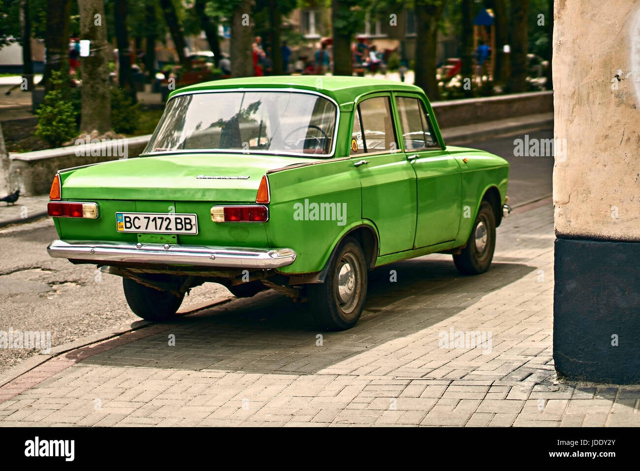 Lviv, Ukraine: June 16 2017 - Green Moskvitch 412 Izh-412 , a small family car by Soviet Russian manufacturer MZMA AZLK 1967 to 1975 parked on the str Stock Photo