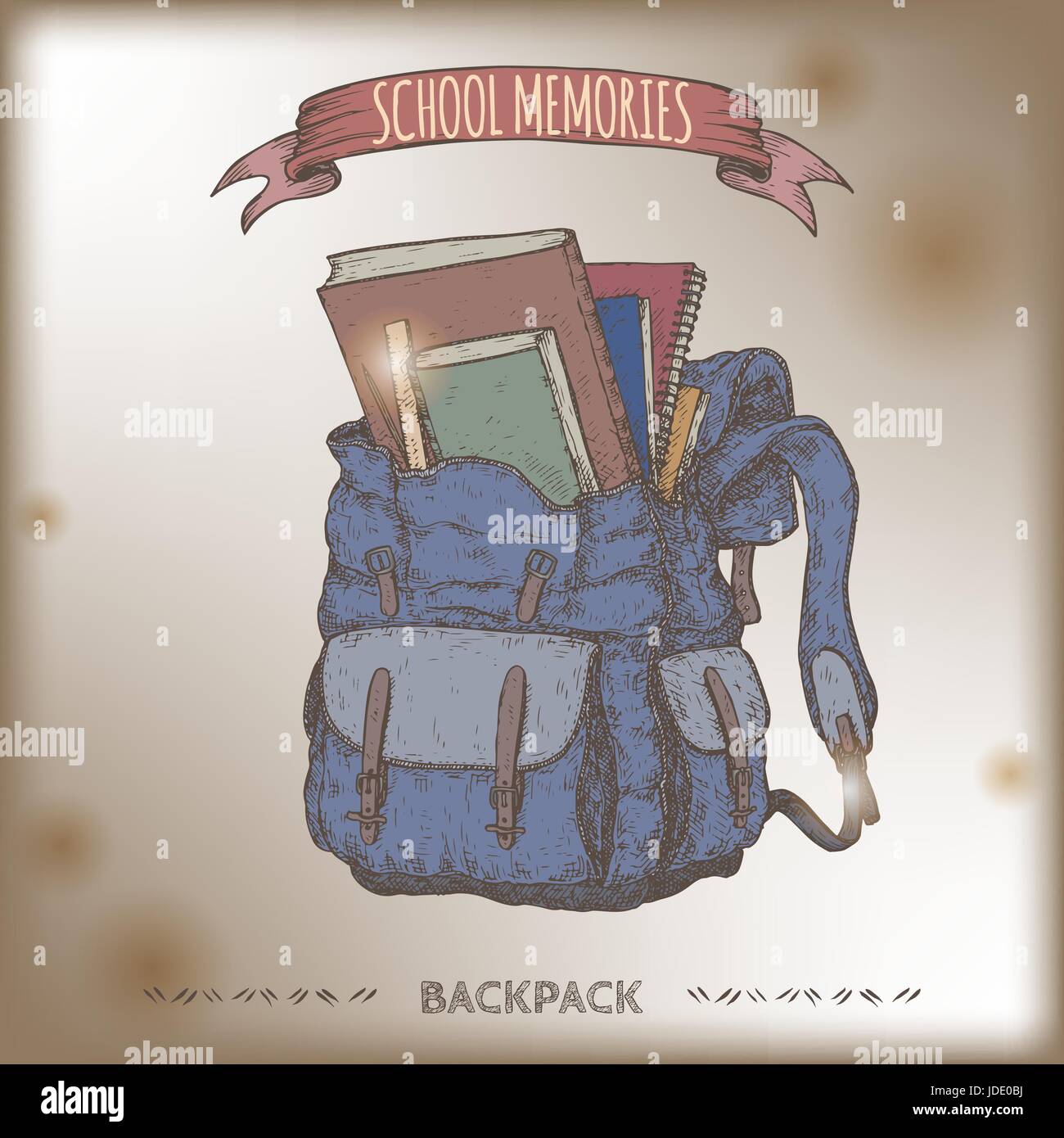 Color vintage student backpack drawn sketch on old paper background. Stock Vector