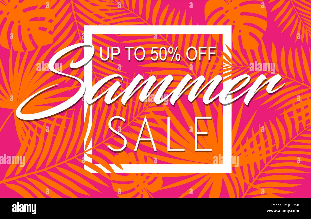 Summer sale banner with tropical exotic palm leaves and plant orange and pink bright vivid color background with white square frame. Vector floral des Stock Vector