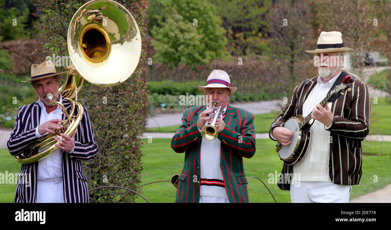 Trad Jazz trio in striped boating blazers, playing sousaphone, cornet and banjo Stock Photo