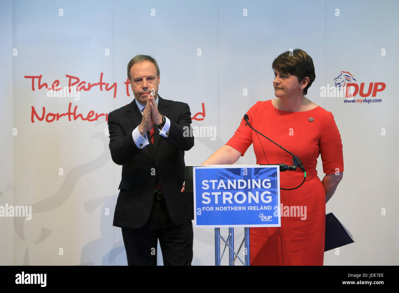 North Antrim - Ian Paisley jnr, East Antrim: Sammy Wilson. Press Eye. ... South Antrim - Paul Girvan, North Belfast - Nigel Dodds, East Belfast - Gavin Robinson, South Belfast - Emma Little-Pengelly, Lagan Valley: Sir Jeffrey Donaldson, Strangford - Jim Shannon, DUP, Democratic Unionist Party, Sydney Anderson, Upper Bann, Jonathan Bell, Strangford, Maurice Bradley,  East Londonderry, Paula Bradley, Belfast North, Joanne Bunting, Belfast East, Keith Buchana,  Mid Ulster, Thomas Buchanan, West Tyrone,  Pam Cameron, South Antrim, Arlene Foster, Nigel Dodds, Ian Paisley, Emma Little Pengelly, cand Stock Photo