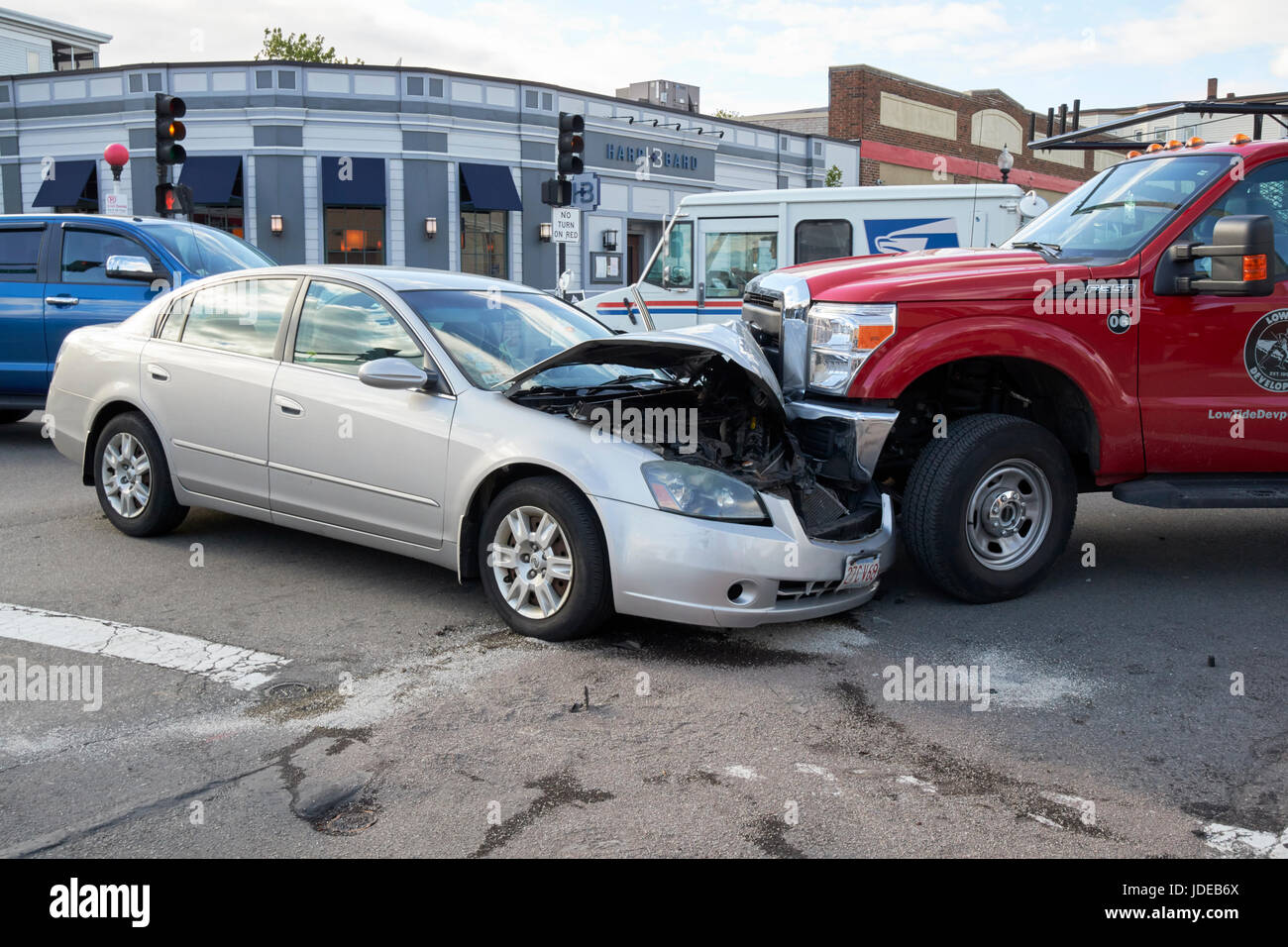 car and truck crash at intersection in suburbs of Boston USA Stock Photo