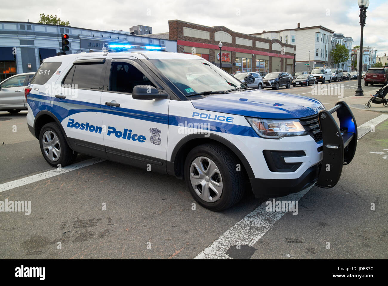 Boston police suv interceptor patrol car blocking traffic intersection USA Stock Photo