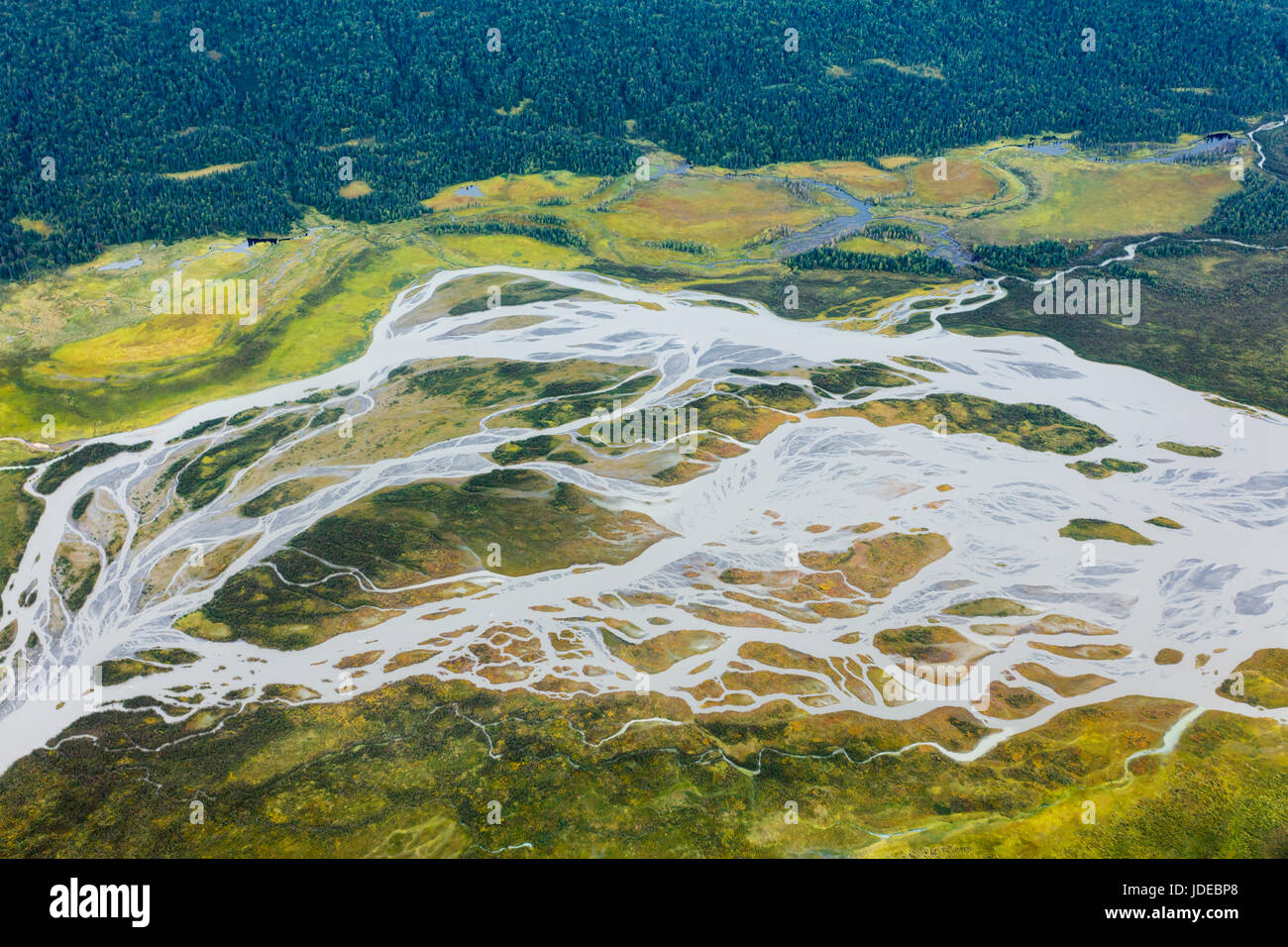 Braided river flows from glacial melt in Alaska wilderness Stock Photo