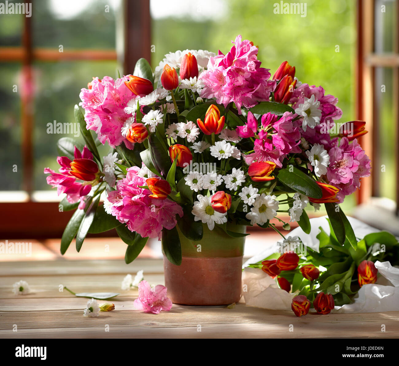 Bouquet of flowers with azaleas, tulips and daisies Stock Photo Alamy