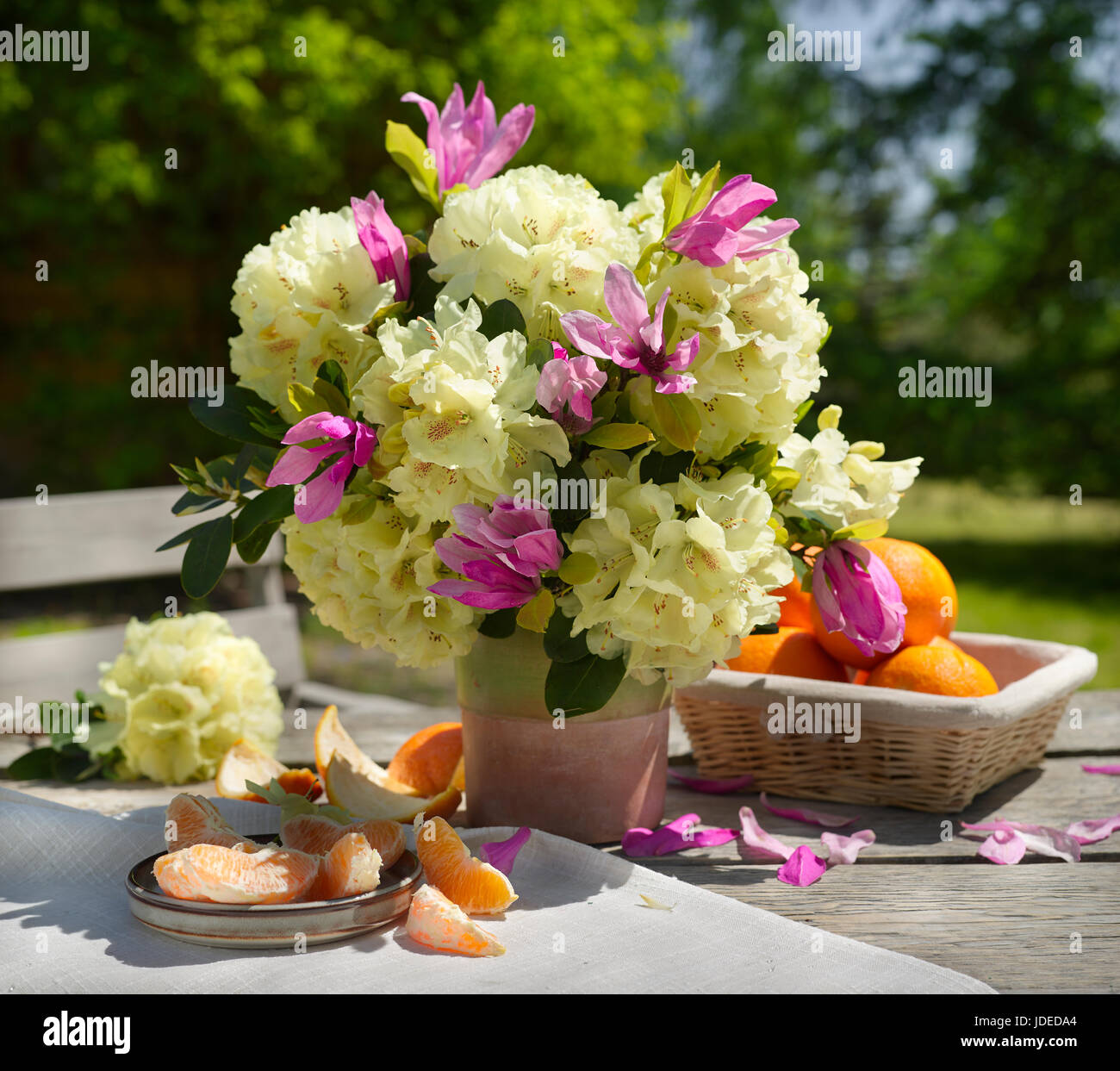 Bouquet of flowers with azaleas and magnolia. Stock Photo