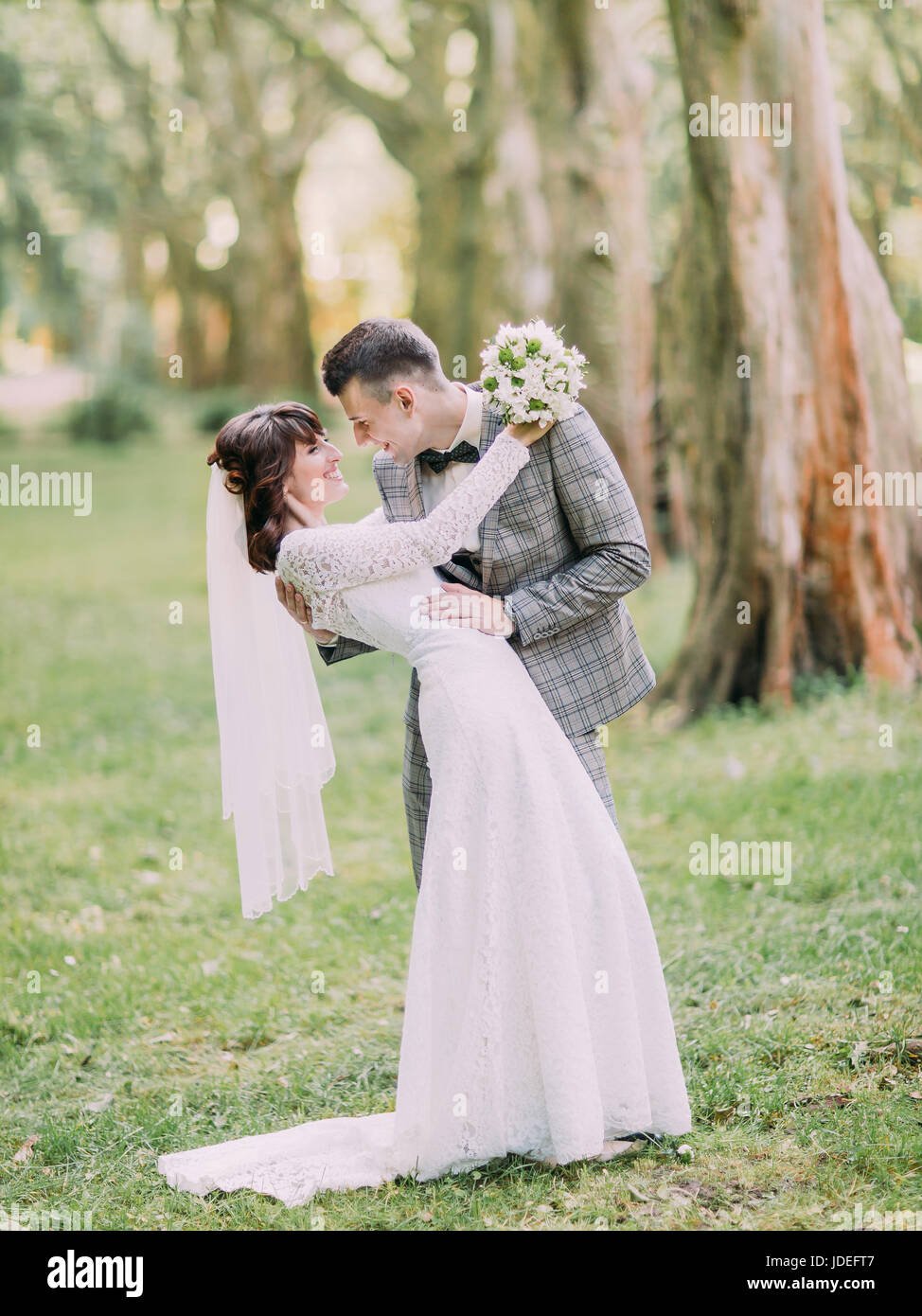 The happy newlyweds are hugging in the sunny park Stock Photo - Alamy