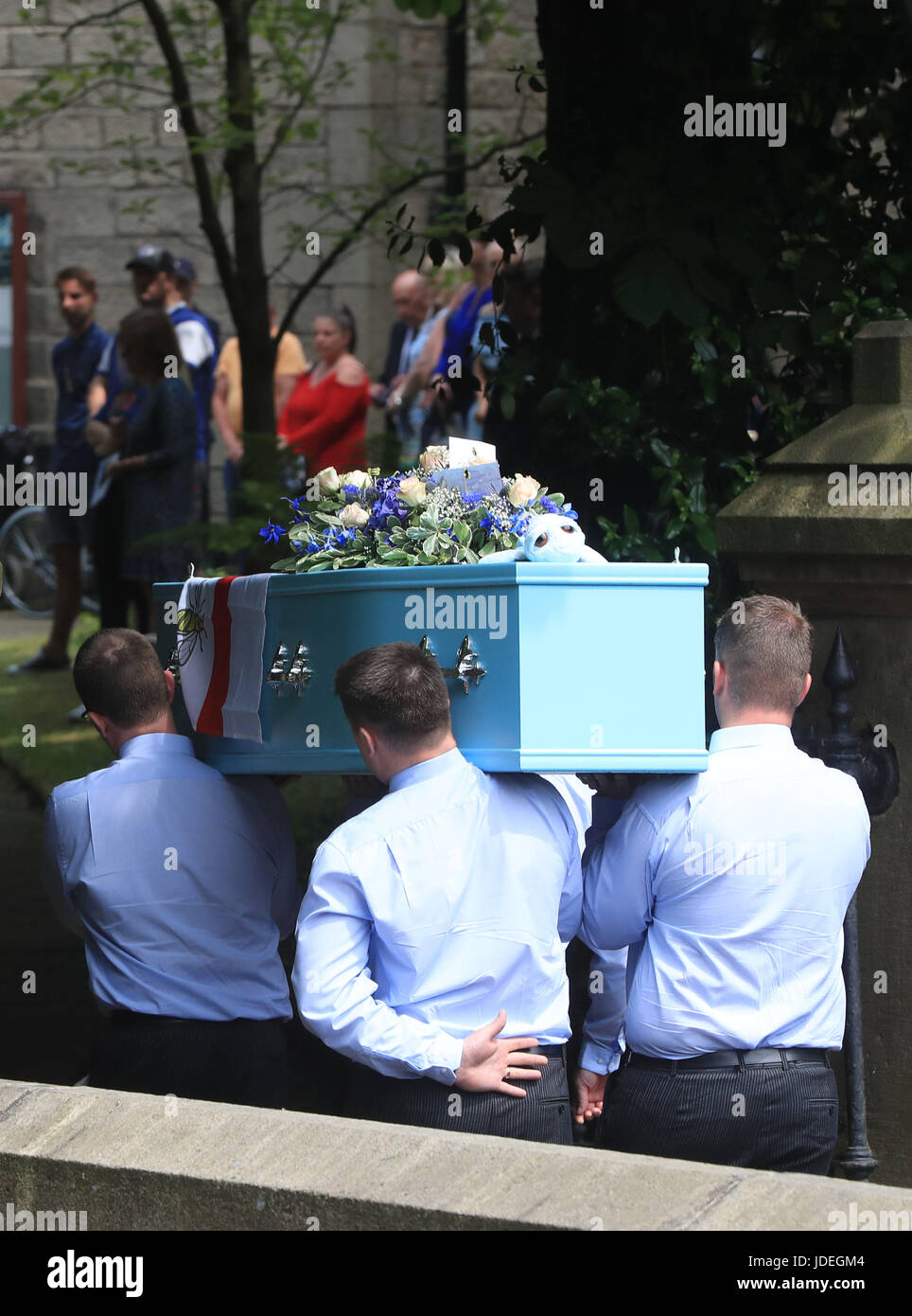 The coffin of Manchester bombing victim Olivia Campbell-Hardy, 15, arriving at The Parish Church of St Anne, in Tottington, Bury. Stock Photo