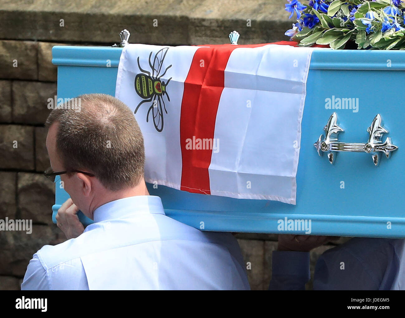 The coffin of Manchester bombing victim Olivia Campbell-Hardy, 15, arriving at The Parish Church of St Anne, in Tottington, Bury. Stock Photo