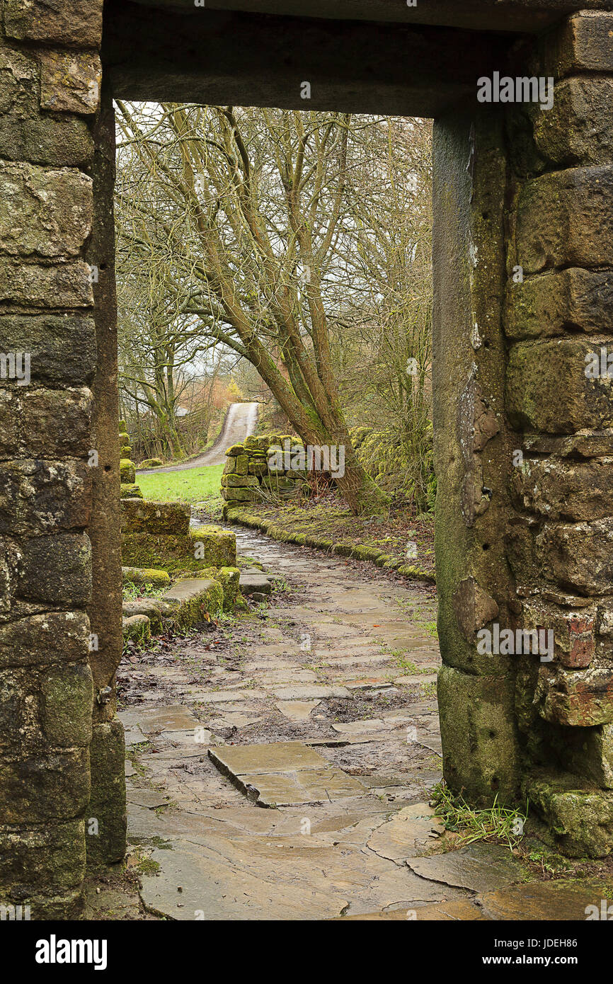 view through the door of the abandoned Wycoller Hall Stock Photo