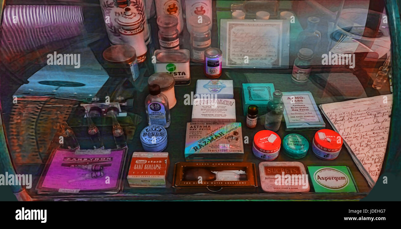 old fashioned medicines at a pharmacy Stock Photo