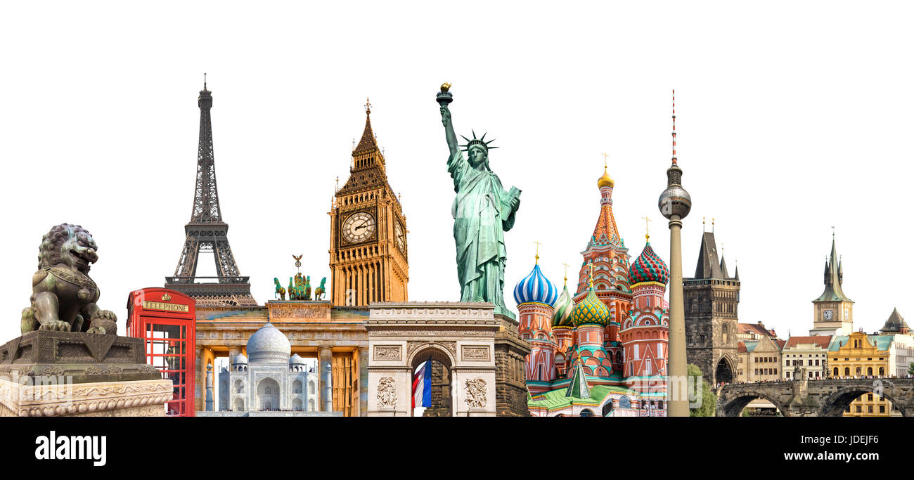 World landmarks photo collage isolated on white background, travel, tourism and study around the world concept Stock Photo