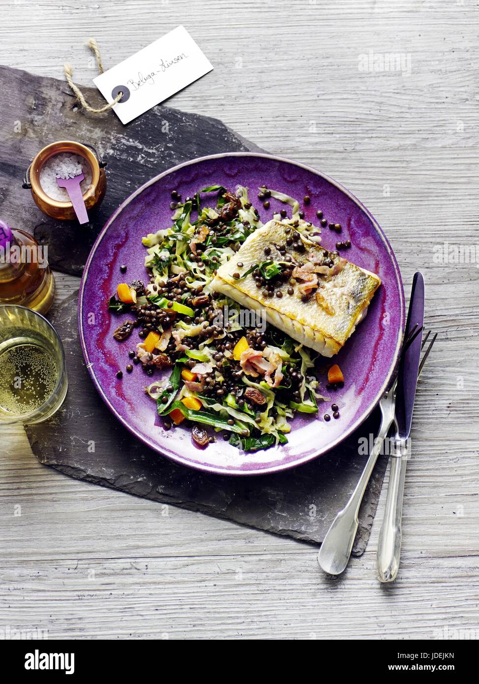 Lentils with vegetables and zander Stock Photo Alamy