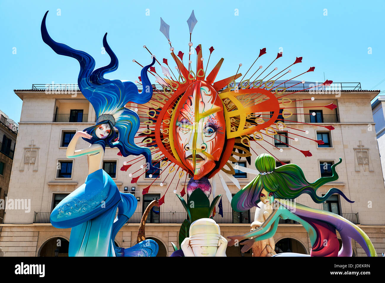 Alicante, Spain - June 20, 2017: The Bonfires of Saint John holiday in the Alicante city. Decorations, are structures made of cardboard, wood or cork, Stock Photo