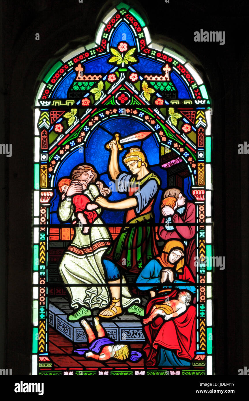 Slaughter of the Innocents, by King Herod's soldiers, stained glass window by Frederick Preedy, 1865, Gunthorpe, Norfolk, England, UK Stock Photo