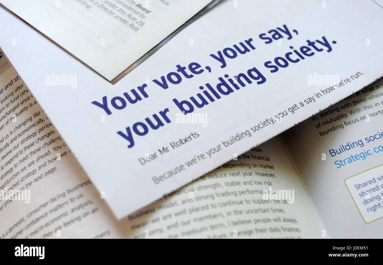 BUILDING SOCIETY MEMBER VOTING INFORMATION LEAFLETS WITH  'YOUR VOTE YOUR SAY YOUR BUILDING SOCIETY' SLOGAN RE SAVERS SAVINGS VOTERS INCOMES WAGES Stock Photo
