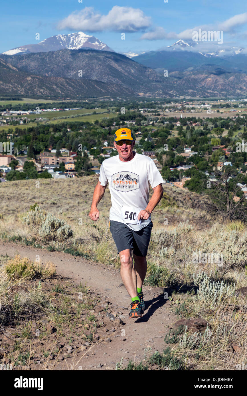 Male runners compete in the Fibark Festival trail run; Salida; Colorado; USA Stock Photo