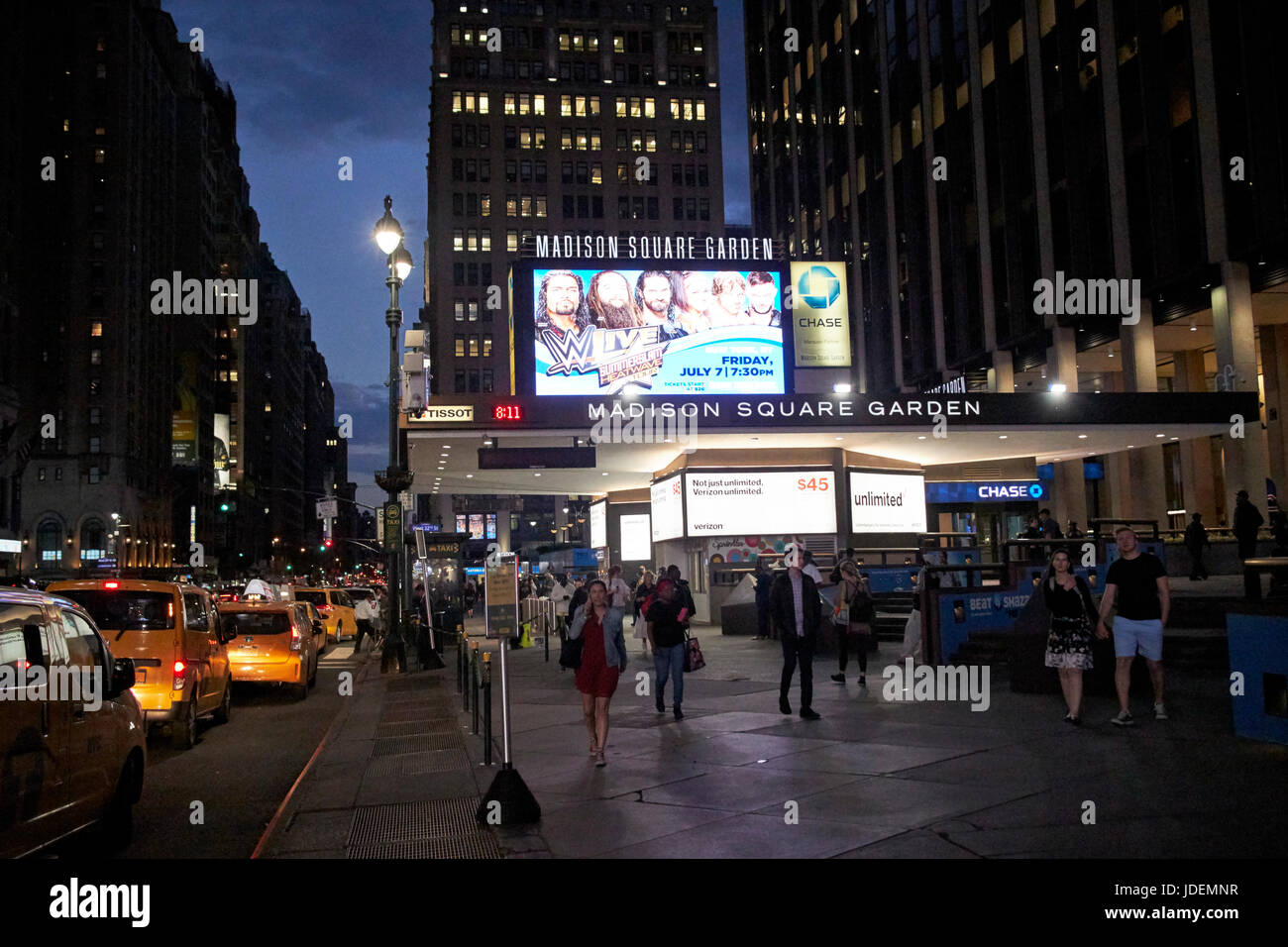 Entrance To Madison Square Garden At Night New York City Usa Stock